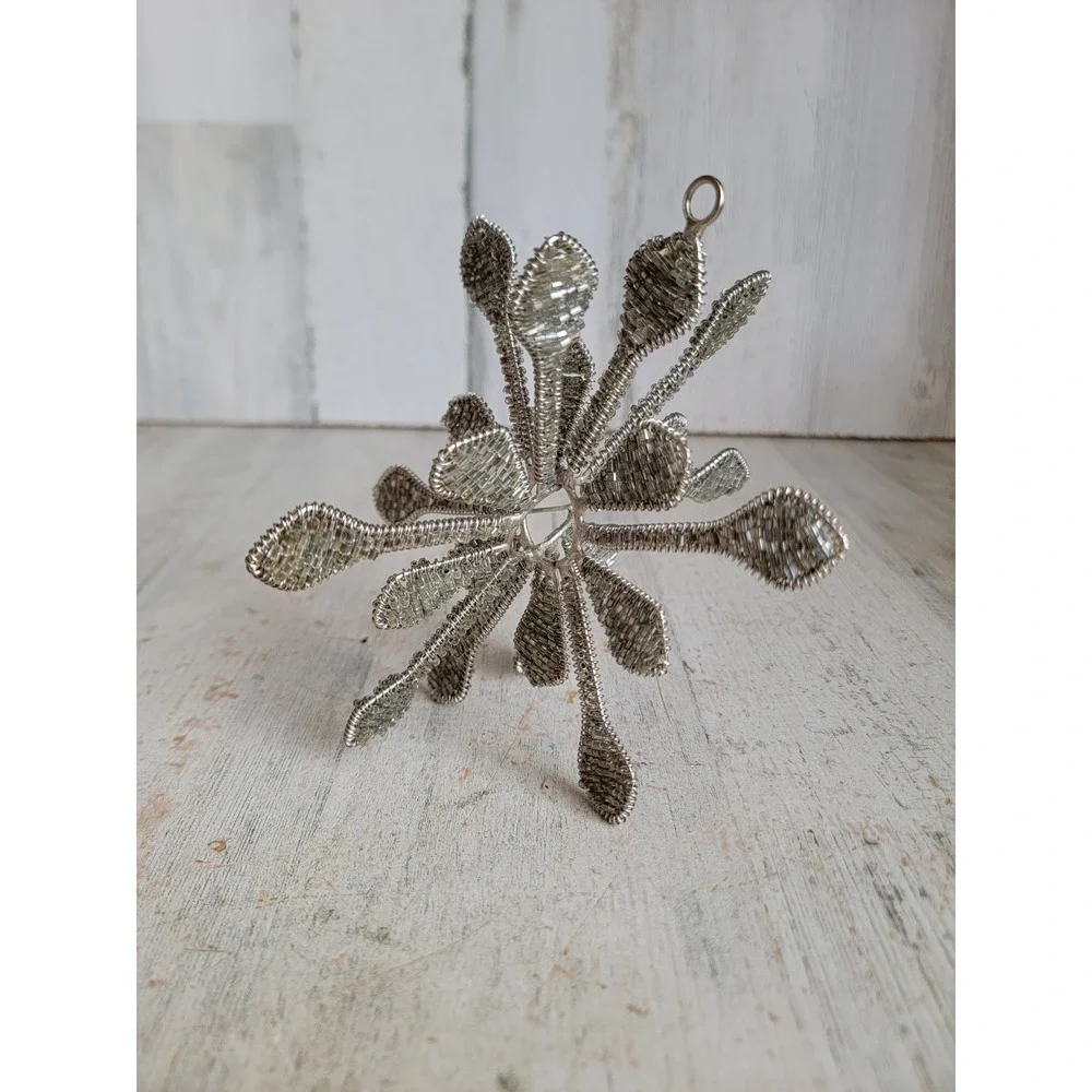 Vintage large beaded silver snowflake ornament Xmas unique 3D home decor